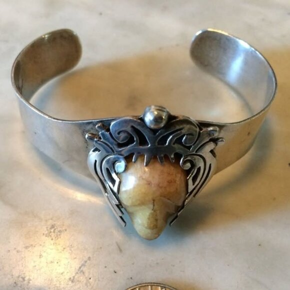 vtg STERLING ONYX tribal mexican maya Taxco cuff bangle bracelet - Picture 2 of 5